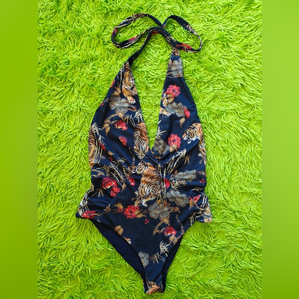Tiger print "Makers of Dreams" halter one piece navy blue swimsuit